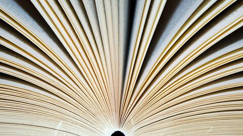 Aufgefächertes Buch von unten betrachtet.